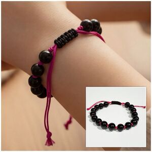 Black Beaded Bracelet Pink Adjustable Handmade Boho